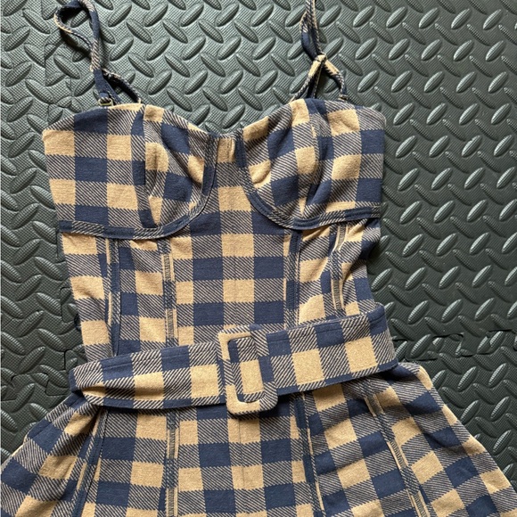 Free People Strapless Plaid Belted Jumpsuit in Navy and Tan - Picture 11 of 15